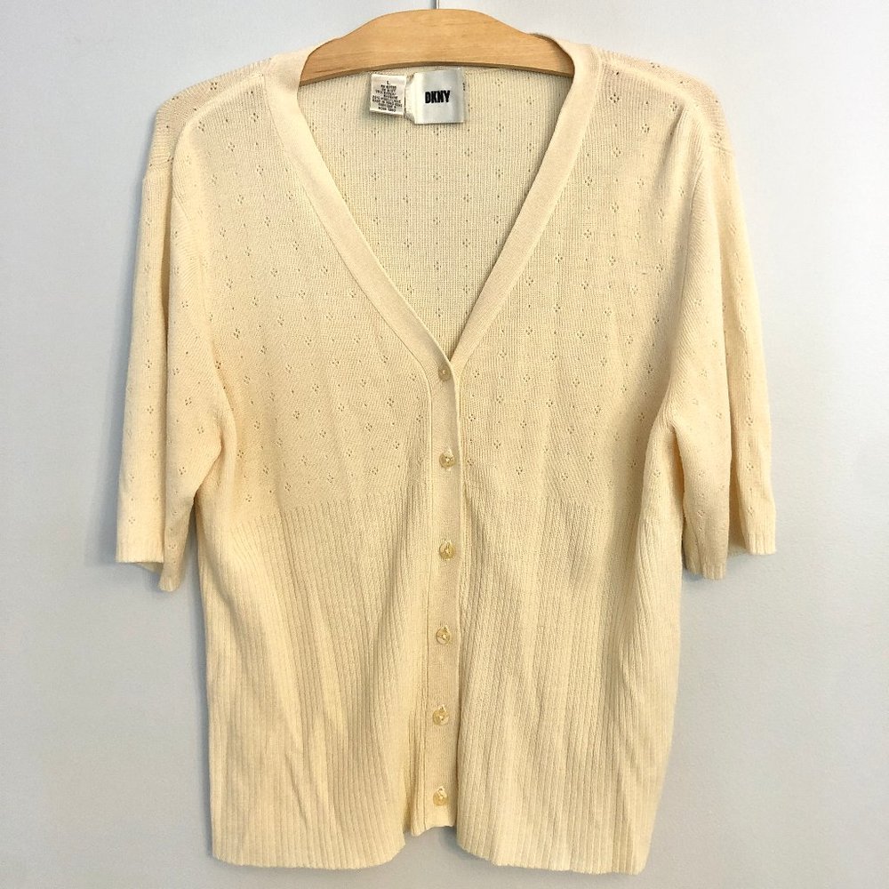 DKNY 3/4 Sleeve V-Neck Cardigan Sweater in Ivory